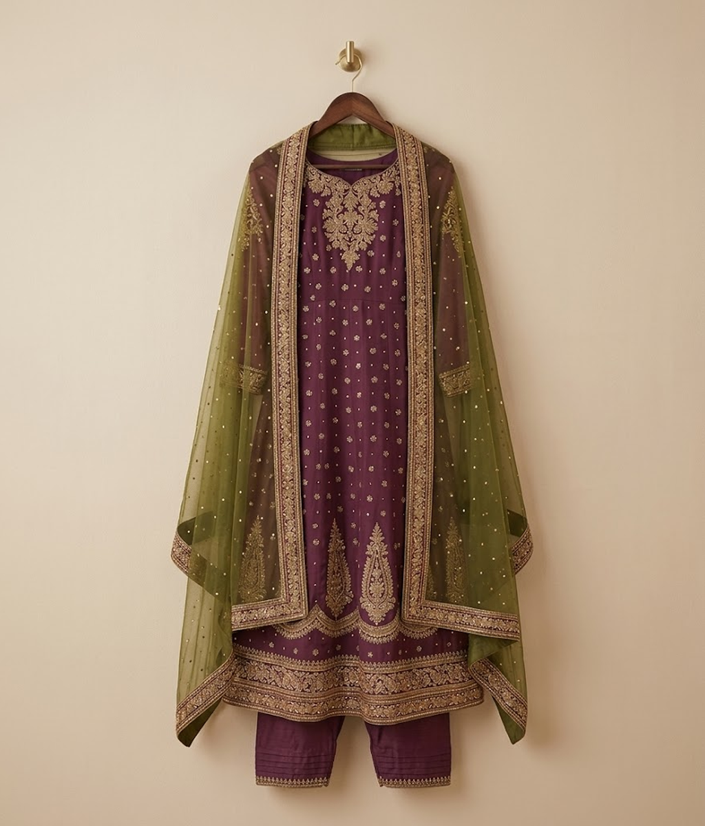 Plum Burgundy Gold Vasli & Mukesh Detailed Gharara