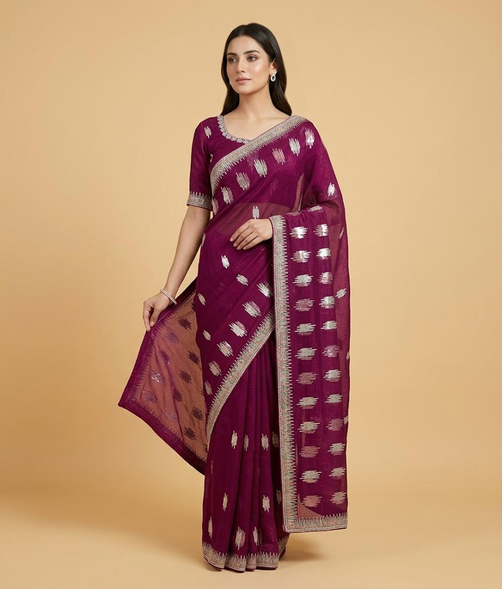 Plum Maroon Geometric Sequin Patterns Crinkle Chiffon