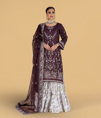Plum Purple Hand-Embroidered Velvet-Border Gharara