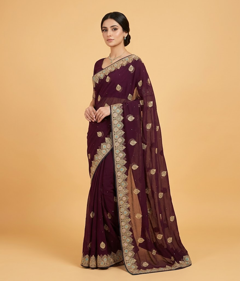 Plum Tilla & metallic threadwork Chiffon Saree