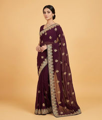 Plum Tilla & metallic threadwork Chiffon Saree
