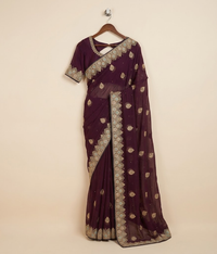 Plum Tilla & metallic threadwork Chiffon Saree