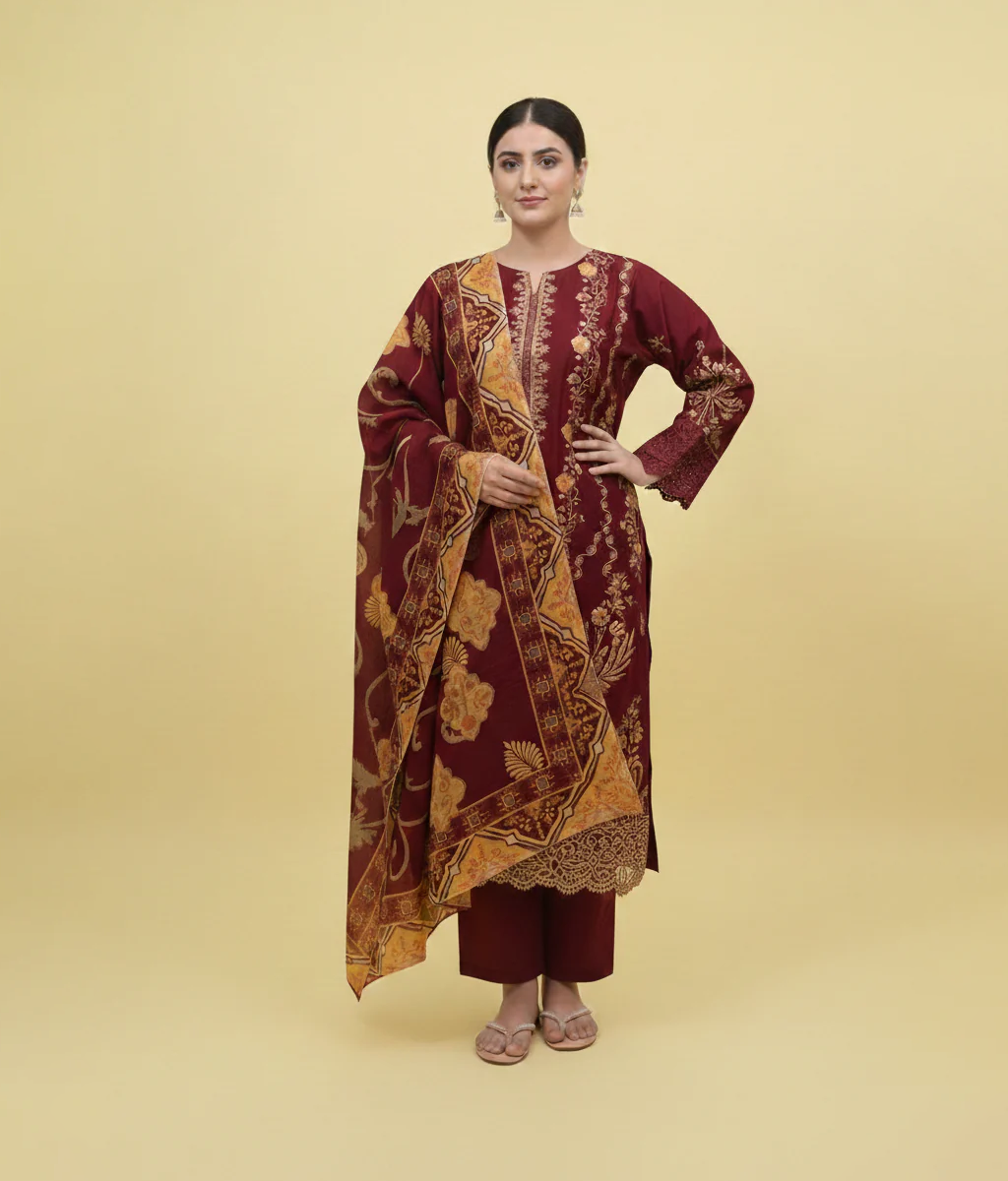 Plum cotton embroidered 3 piece suit
