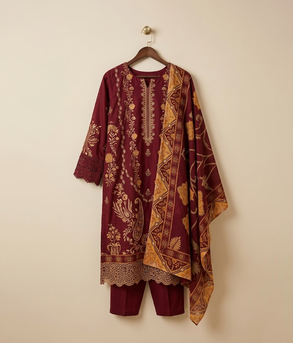 Plum cotton embroidered 3 piece suit