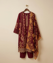 Plum cotton embroidered 3 piece suit