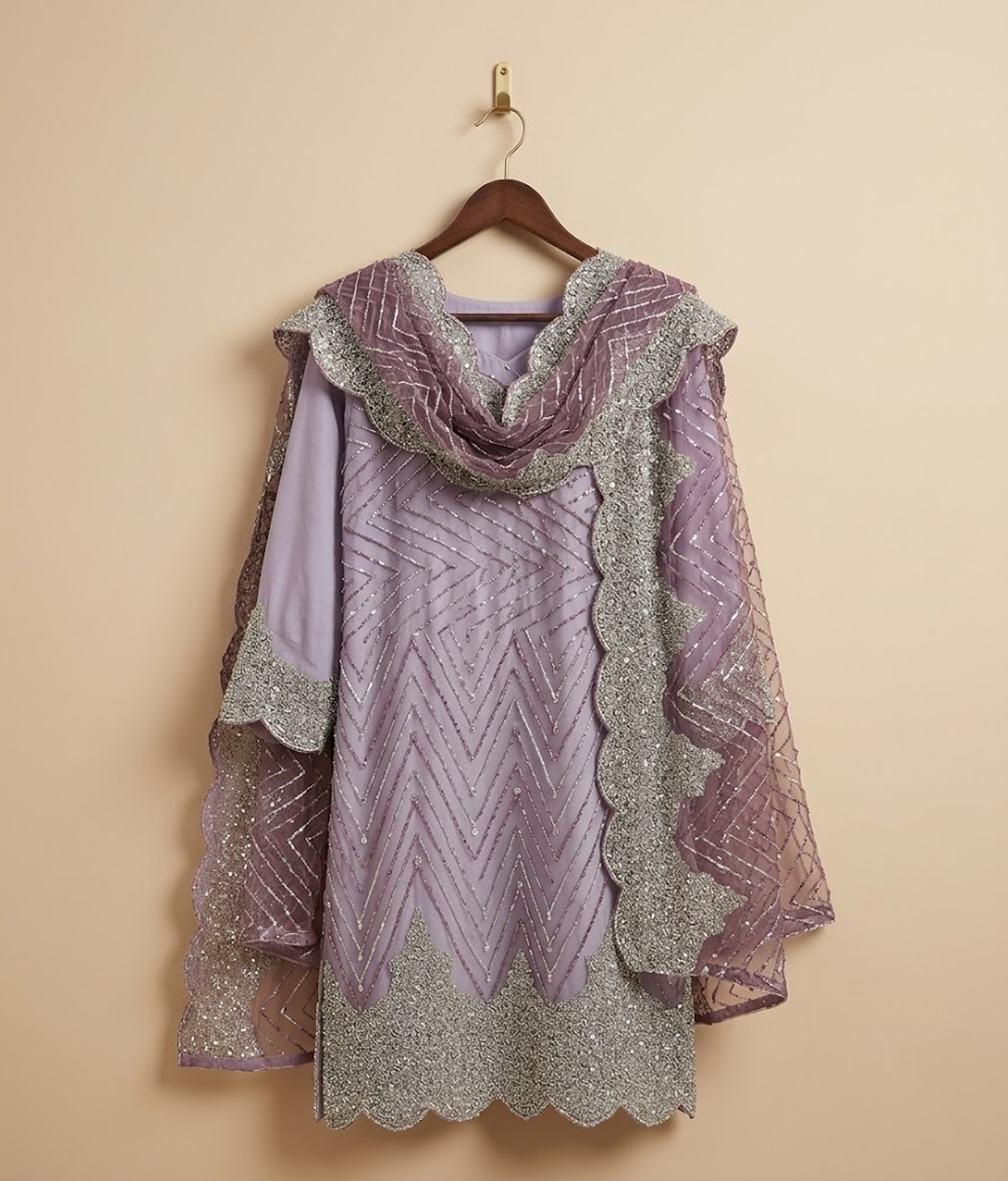 Purple Cut Dana Net 2 Piece Shirt and Dupatta