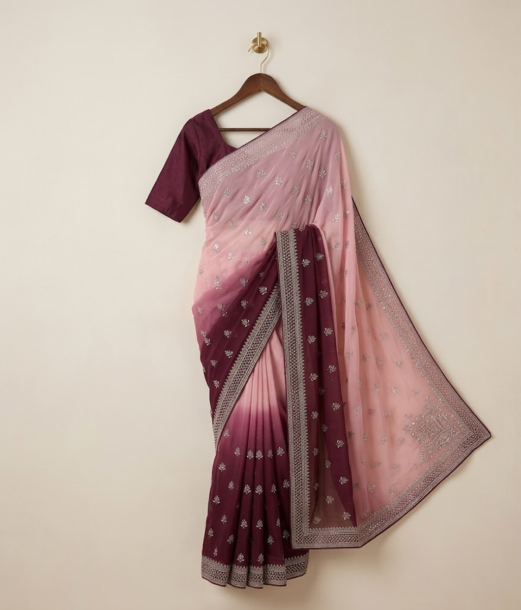 Purple Ombre Chiffon Saree with Silk Blouse