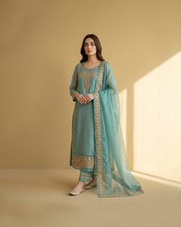 Sky blue raw silk suit with golden tilla dabka work