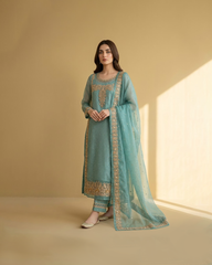 Sky blue raw silk suit with golden tilla dabka work