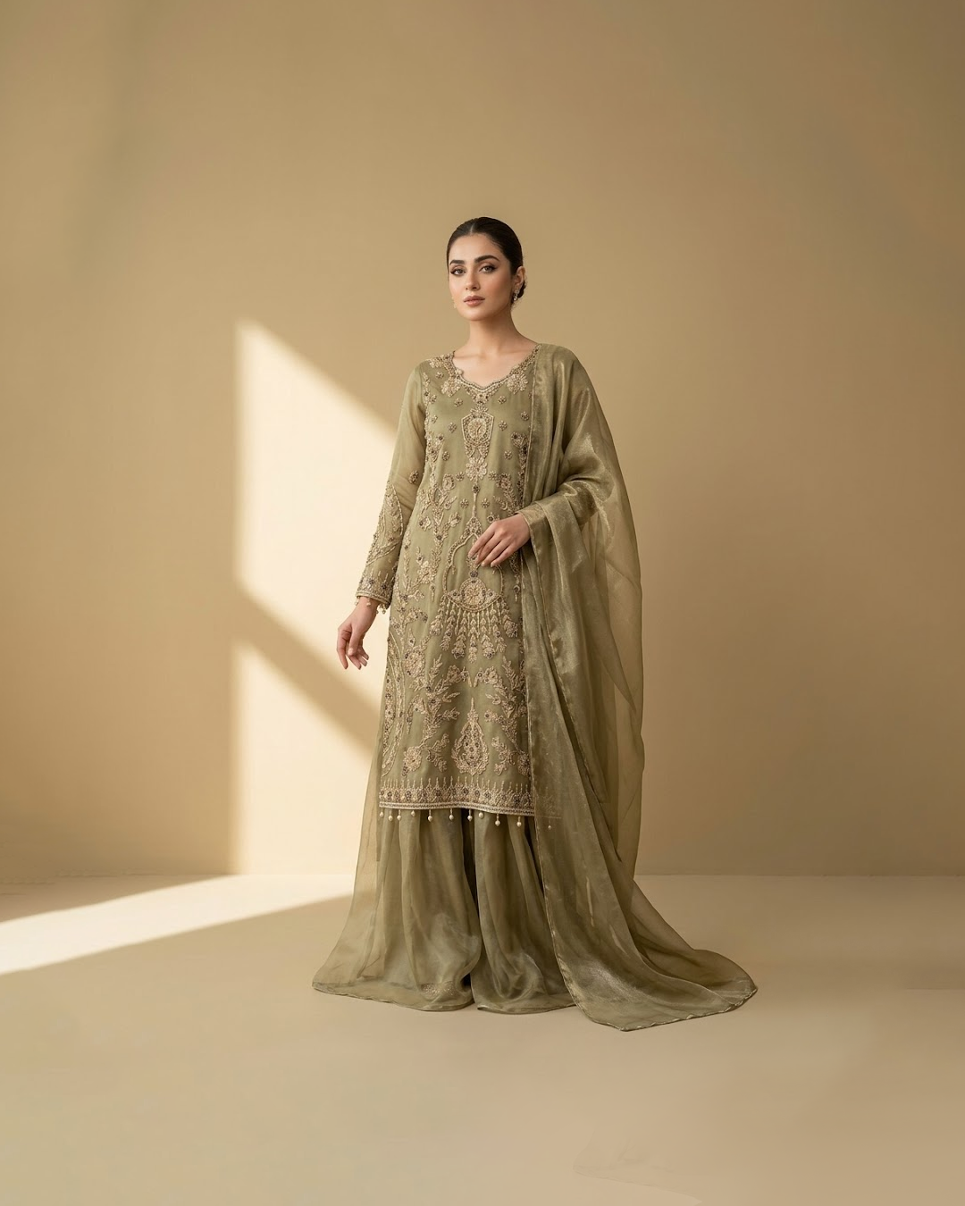 Mehndi Raw silk suit with tilla and dabka work