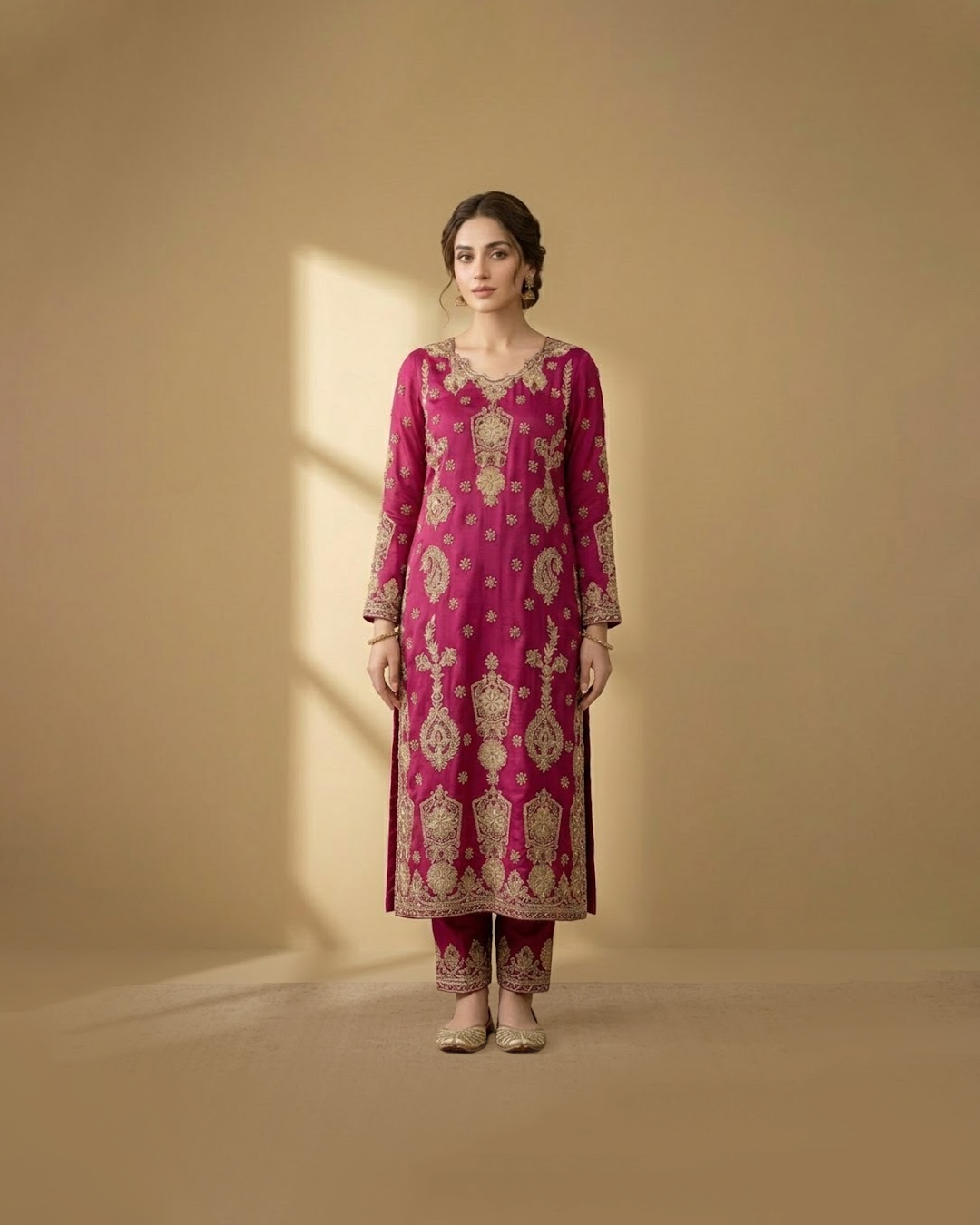Hot Pink Raw Silk Suit with Tilla and Dabka Work