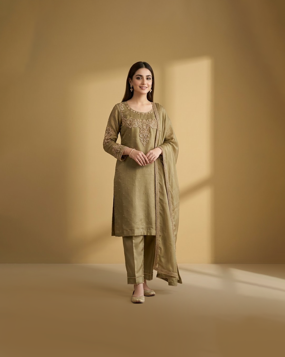 Grey Raw silk suit with tilla and dabka work