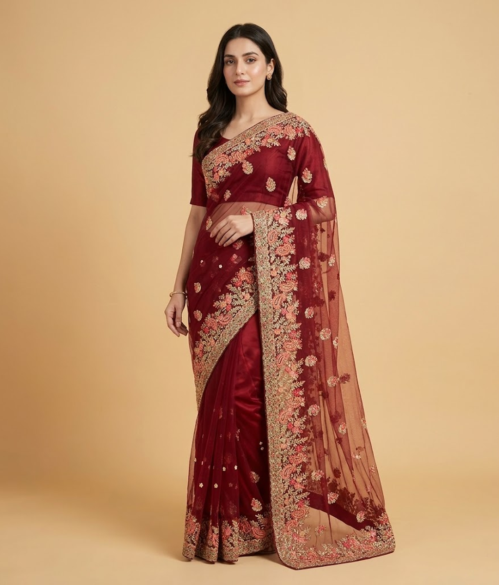 Red Chiffon Embroidered Saree