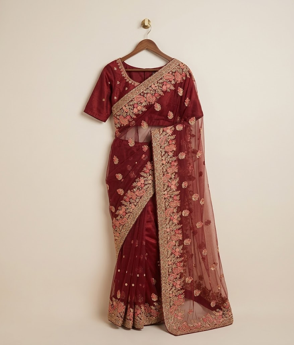 Red Chiffon Embroidered Saree