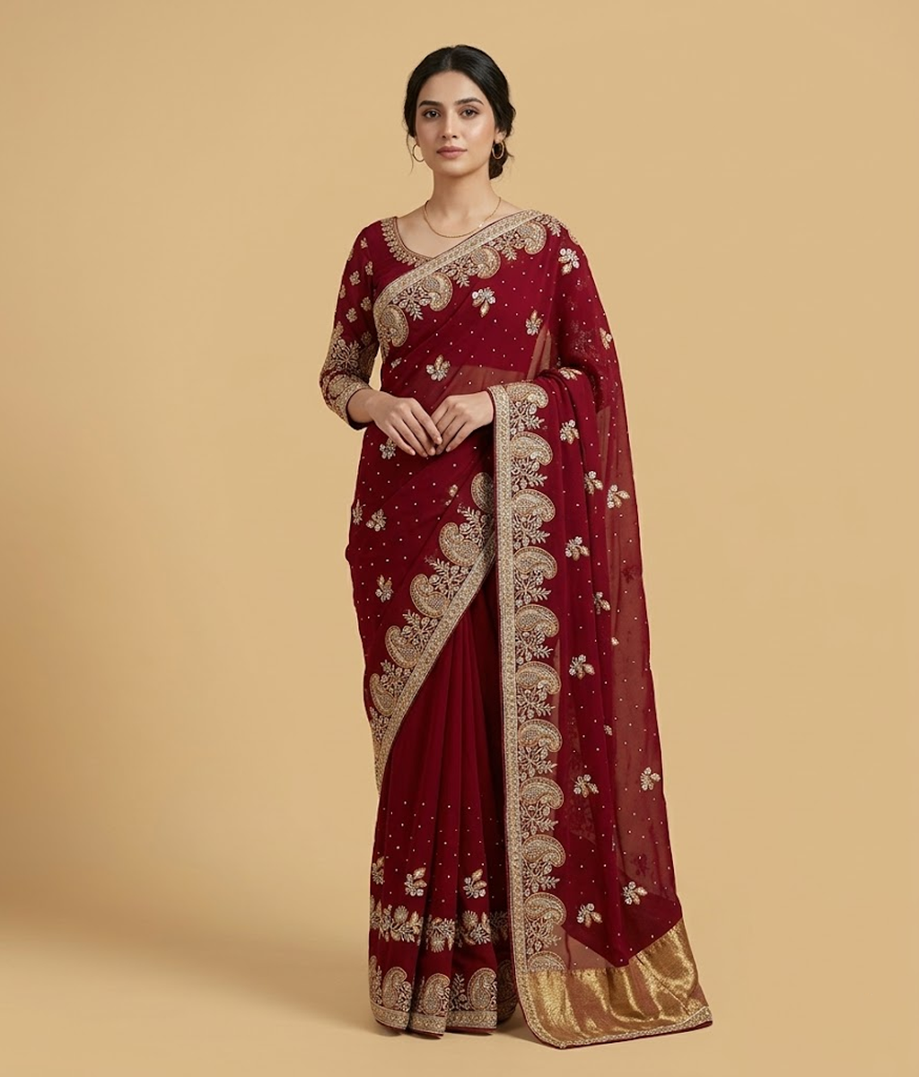 Red Chiffon Floral Vine Saree