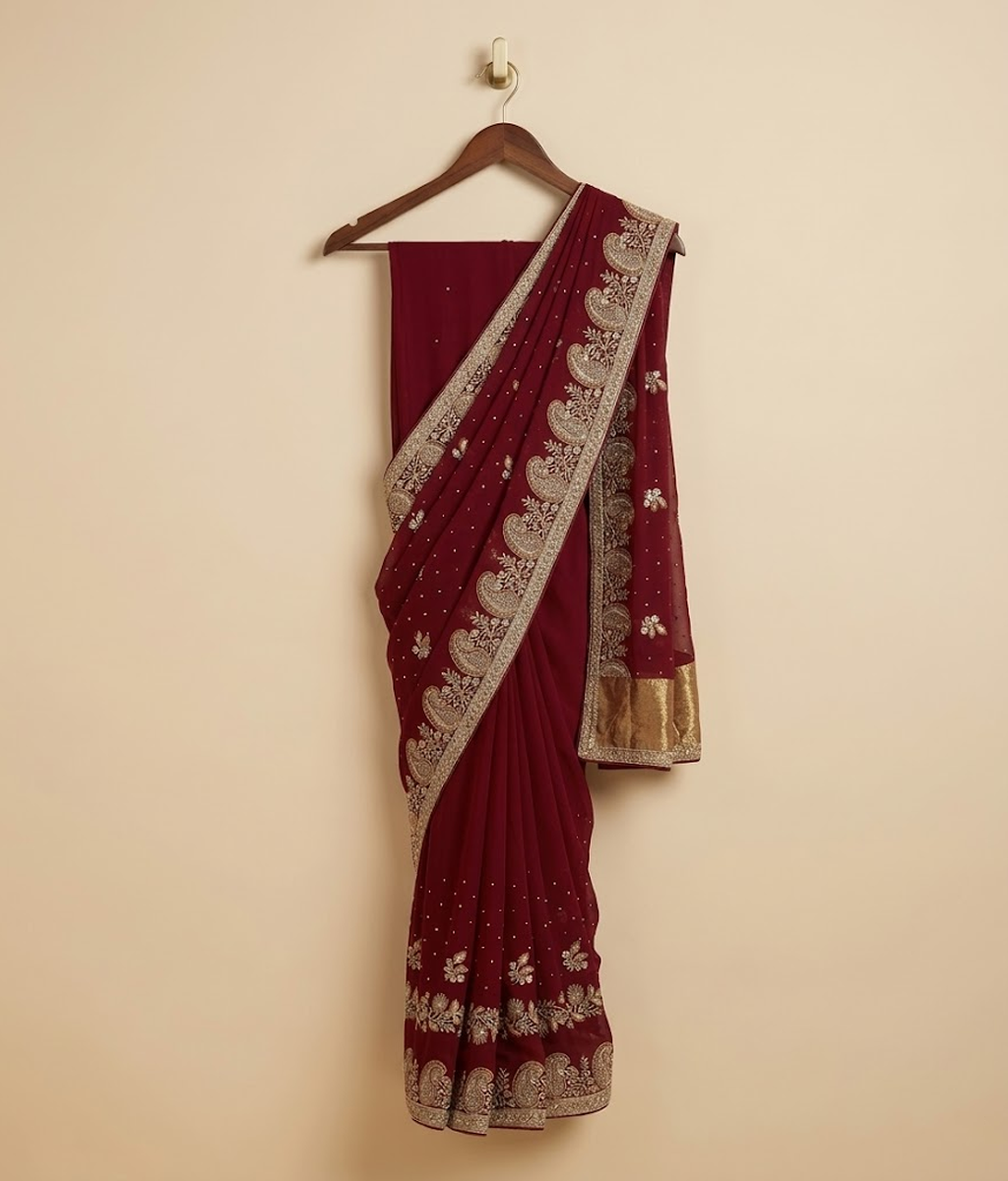 Red Chiffon Floral Vine Saree