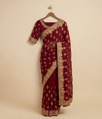 Red Hand-worked Gilded Chiffon Saree