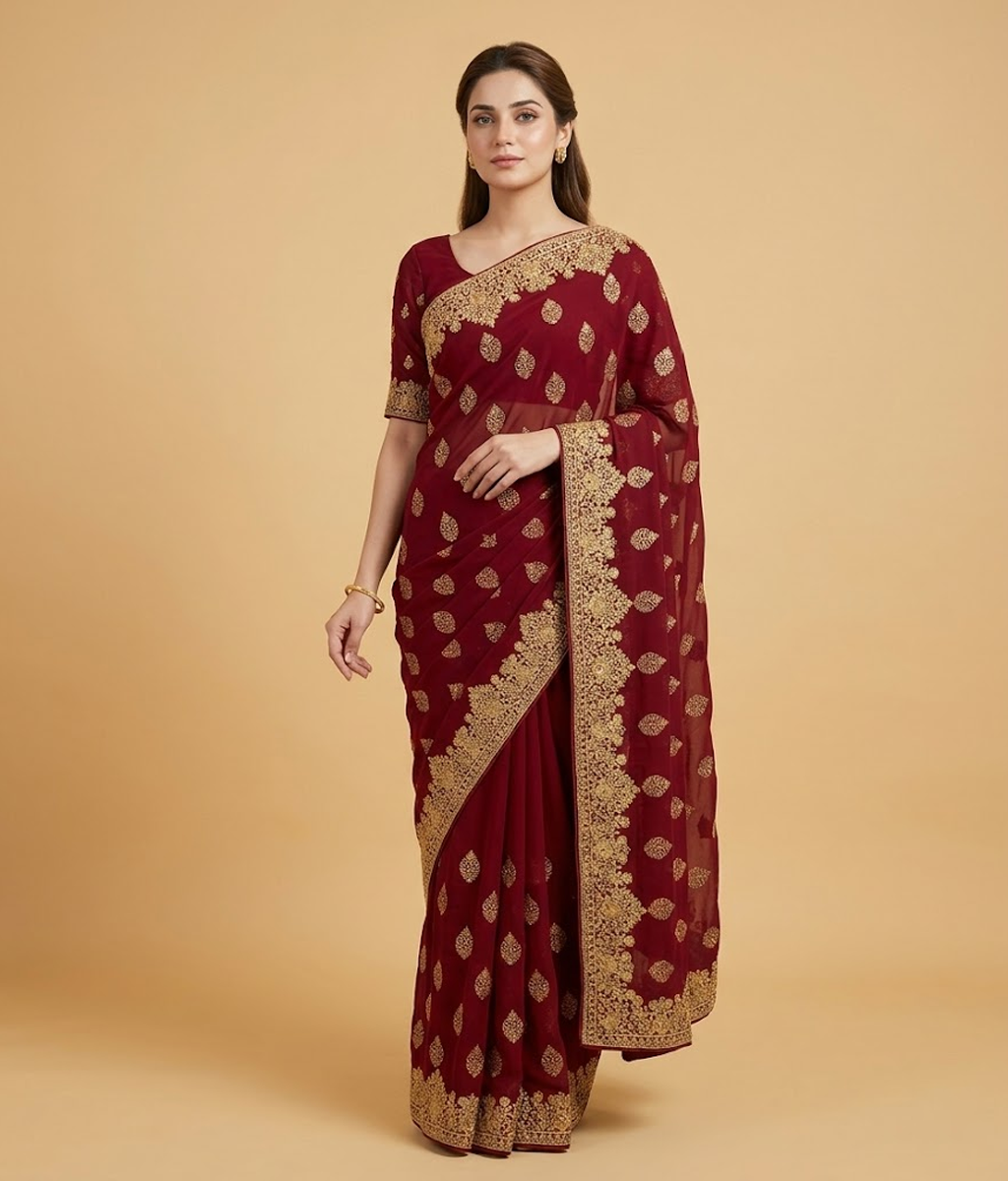 Red Hand-worked Gilded Chiffon Saree