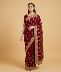 Red Hand-worked Gilded Chiffon Saree