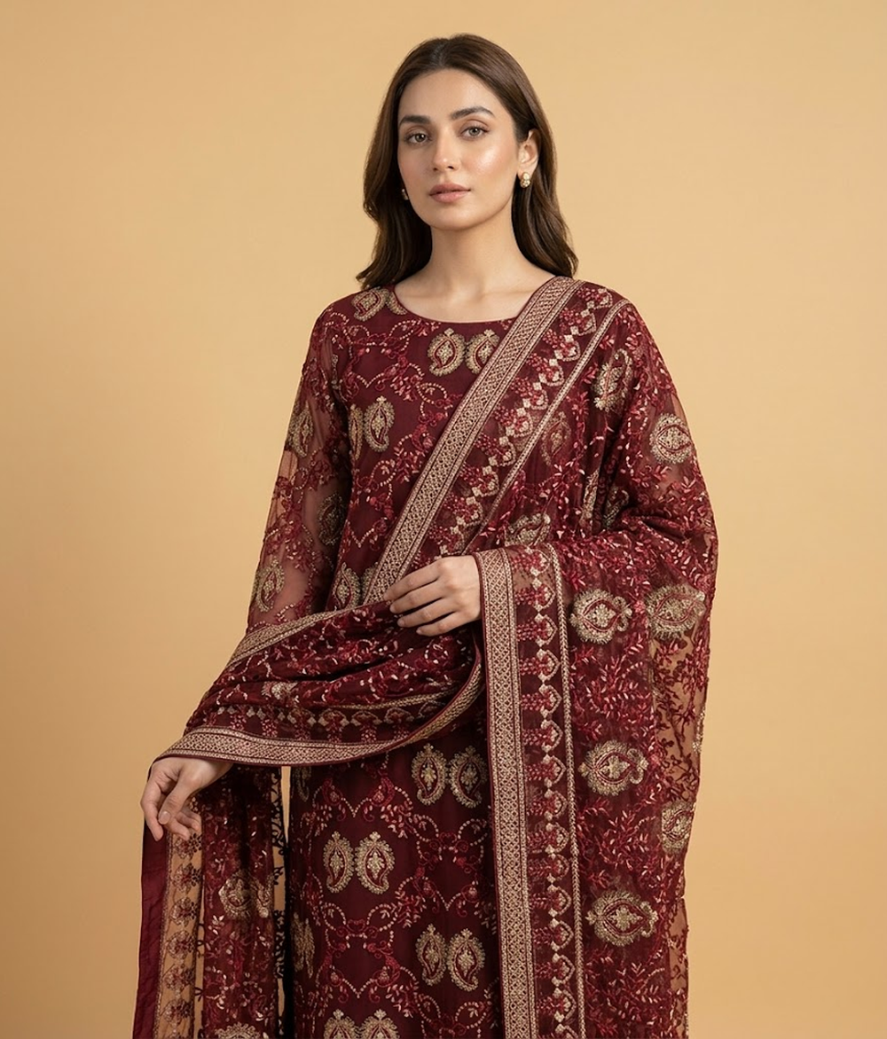 Red Lattice Jaal Chiffon 2 Piece