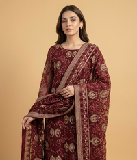 Red Lattice Jaal Chiffon 2 Piece