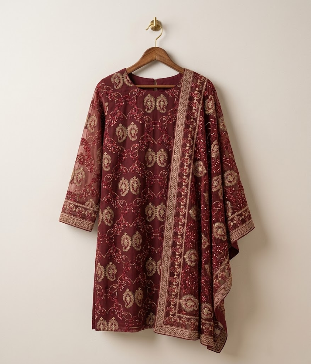 Red Lattice Jaal Chiffon 2 Piece
