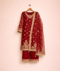 Red Raw Silk 3 piece dabka work with dupatta and plain trousers