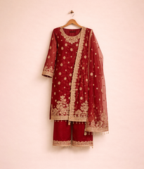 Red Raw Silk 3 piece dabka work with dupatta and plain trousers