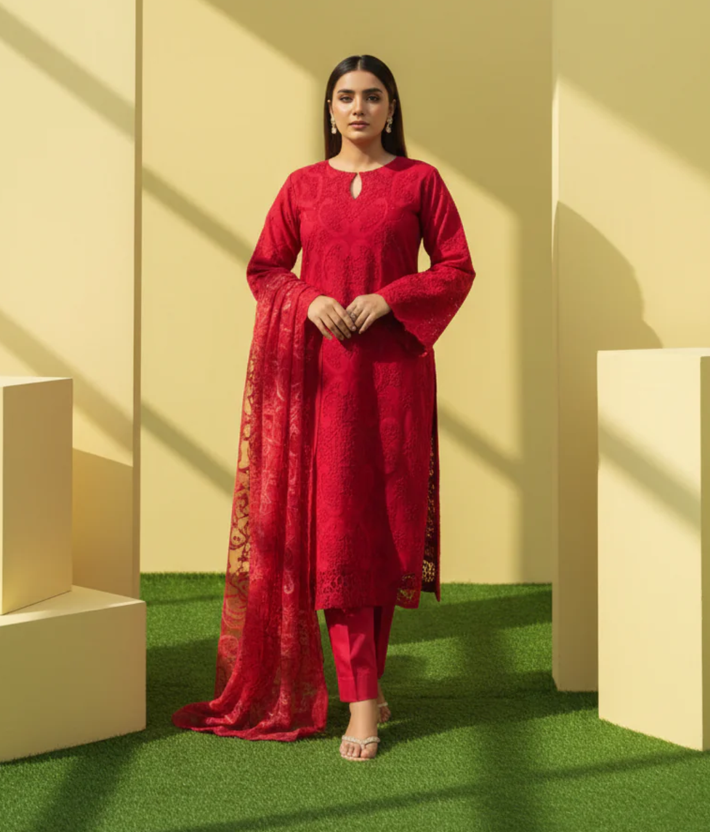Red chickenkari 3 piece lawn