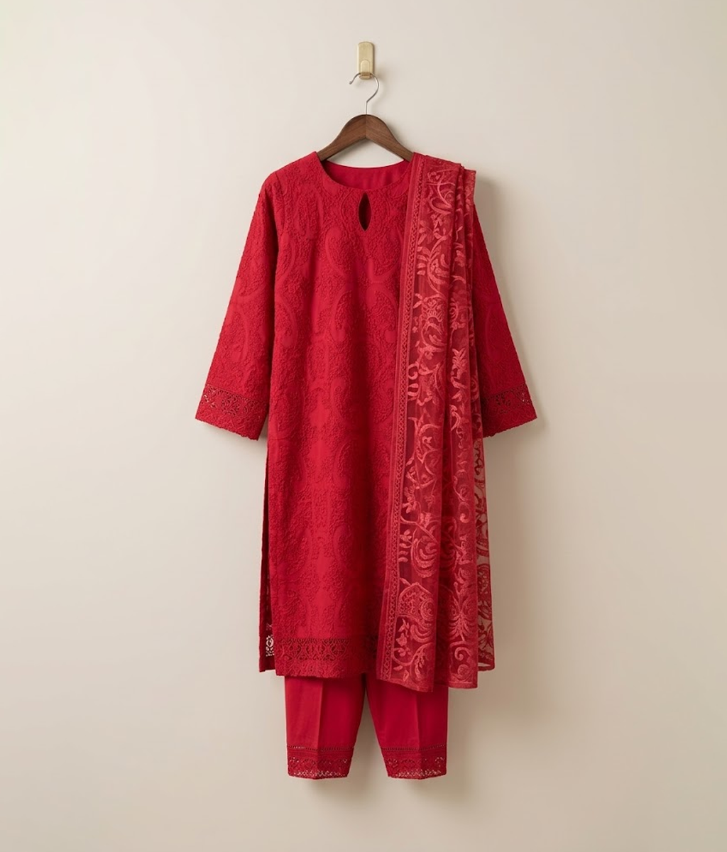 Red chickenkari 3 piece lawn