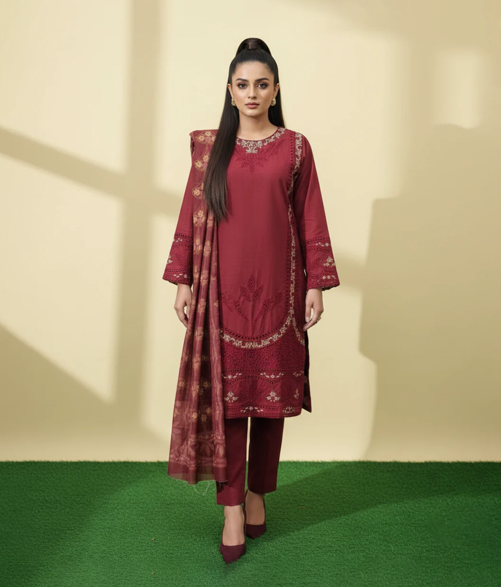 Red cotton 3 piece with minimal embroidery work
