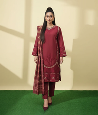 Red cotton 3 piece with minimal embroidery work