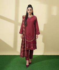 Red cotton 3 piece with minimal embroidery work