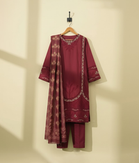 Red cotton 3 piece with minimal embroidery work