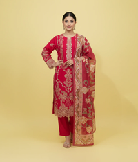 Red cotton embroidered 3 piece suit