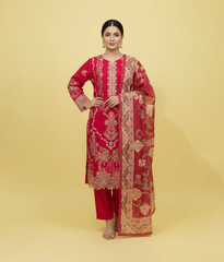Red cotton embroidered 3 piece suit