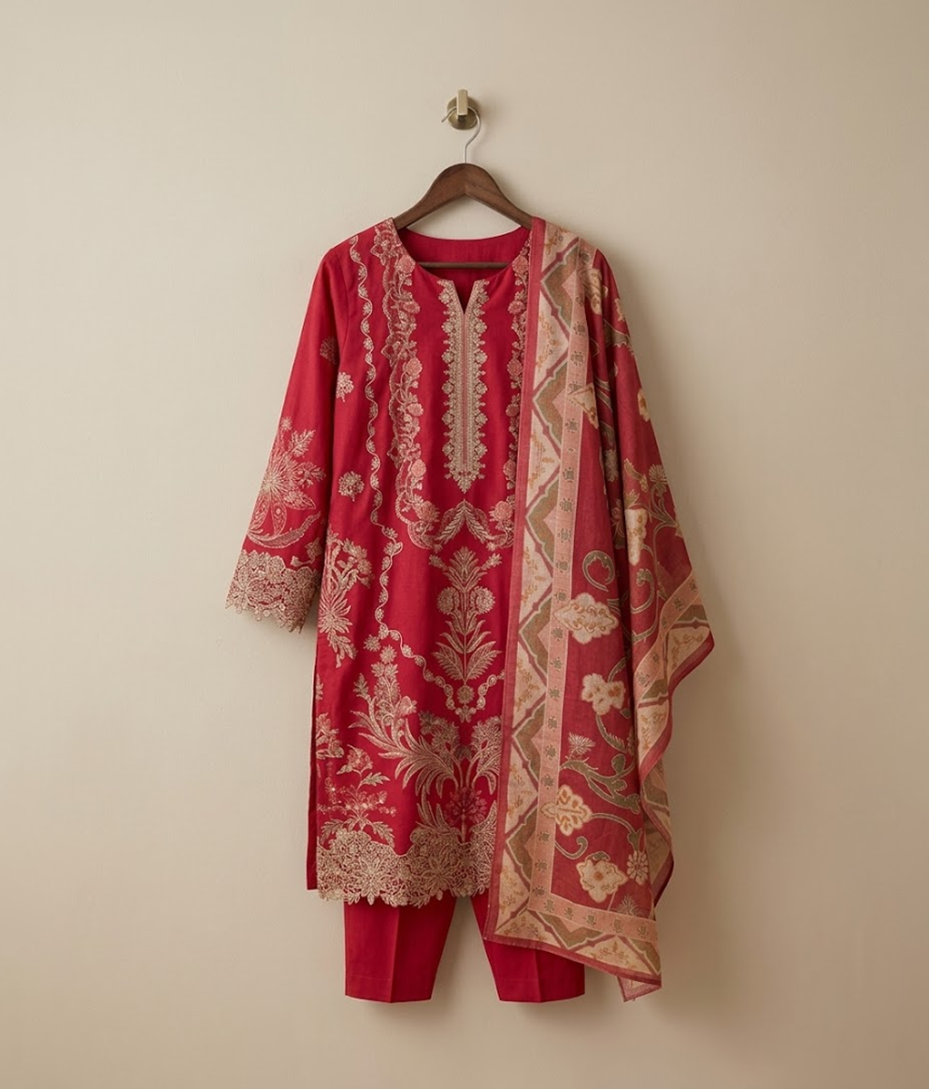 Red cotton embroidered 3 piece suit