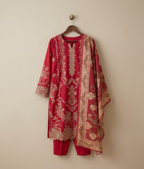 Red cotton embroidered 3 piece suit