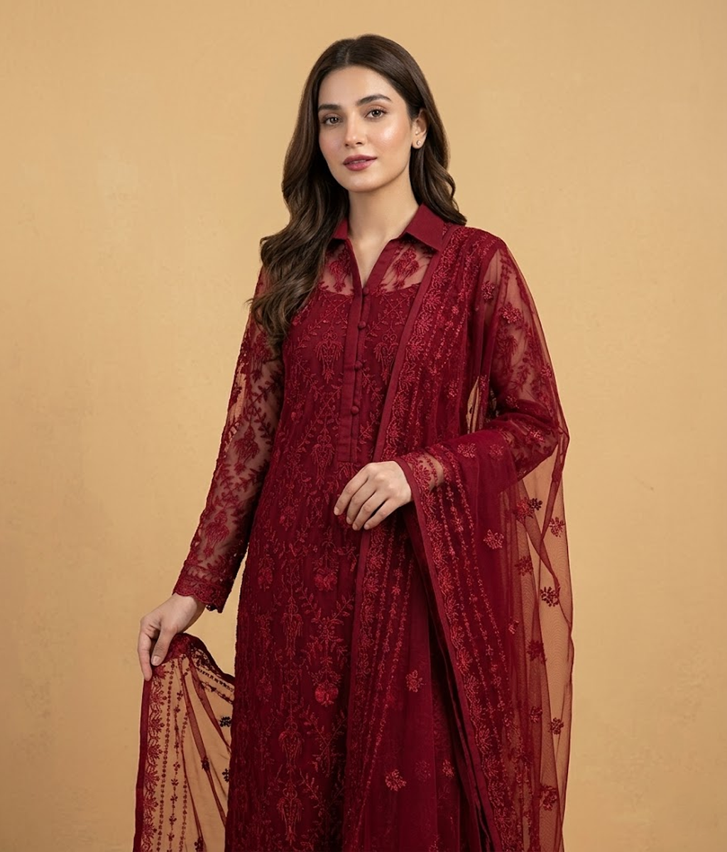 Red on Red Chiffon 2 Piece Shirt and Dupatta