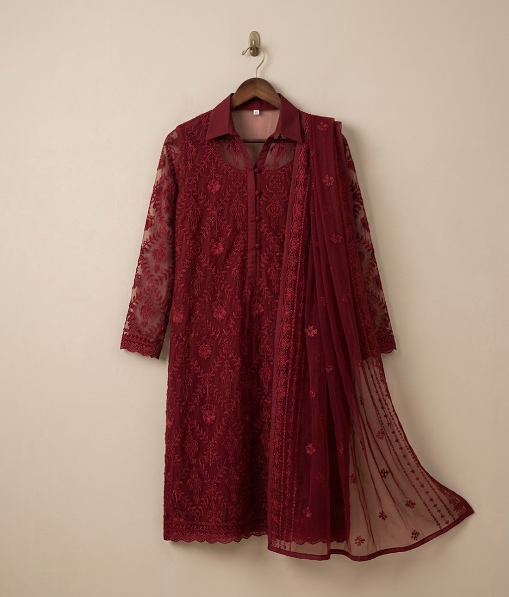 Red on Red Chiffon 2 Piece Shirt and Dupatta