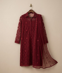 Red on Red Chiffon 2 Piece Shirt and Dupatta