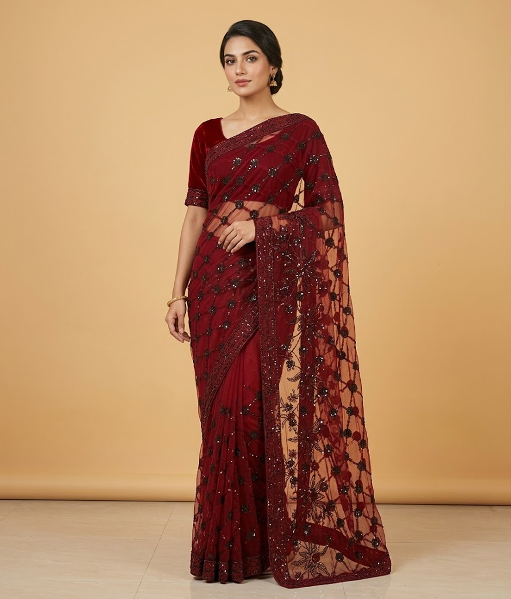 Red sequin net saree