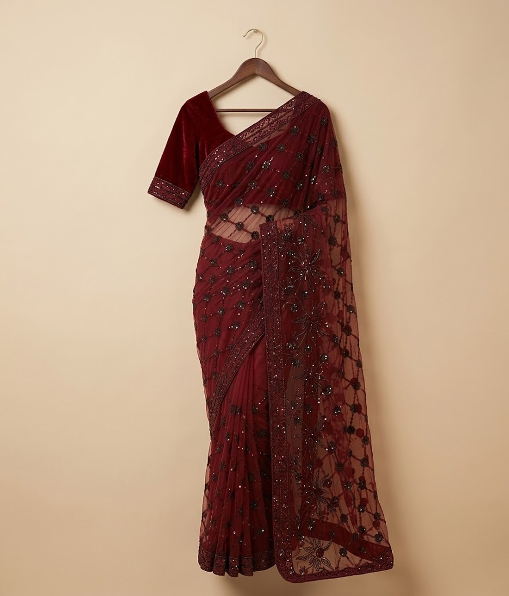Red sequin net saree