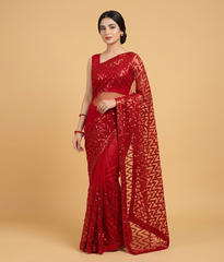 Red zigzag net saree