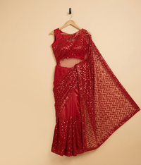 Red zigzag net saree