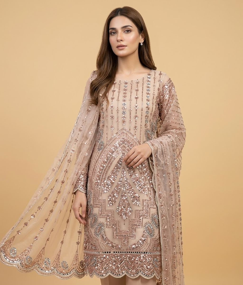 Rose Gold Cut Dana Net 2 Piece Shirt and Dupatta