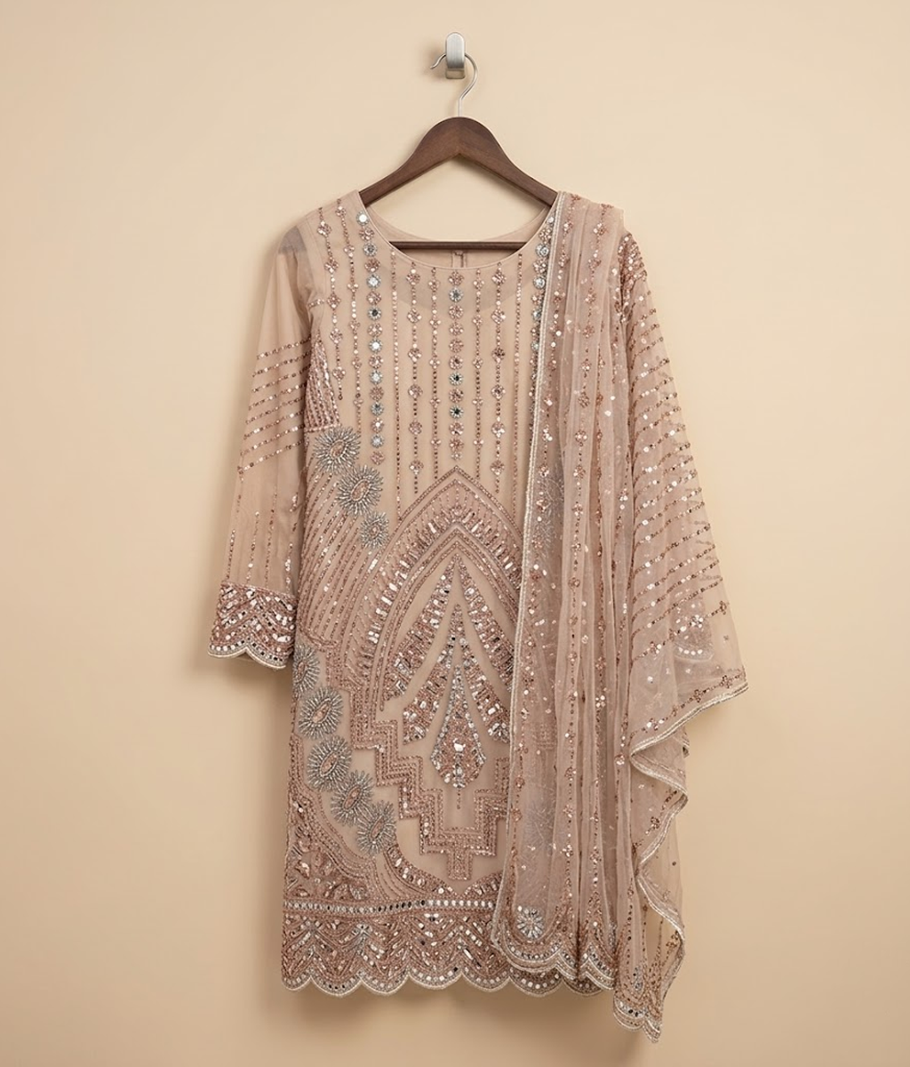 Rose Gold Cut Dana Net 2 Piece Shirt and Dupatta