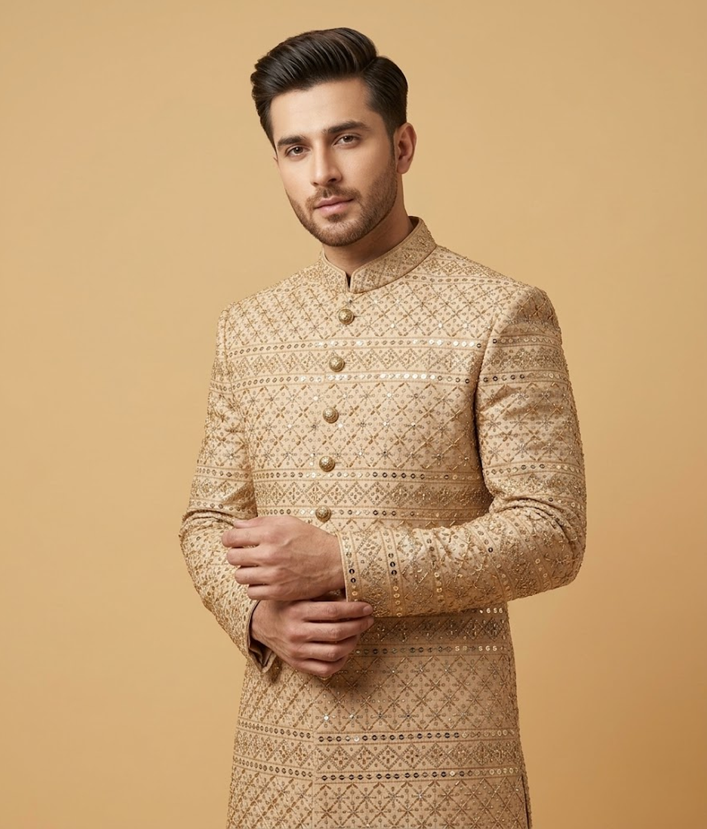 Rose Gold Sequin Mesh Jamawar Dulha House