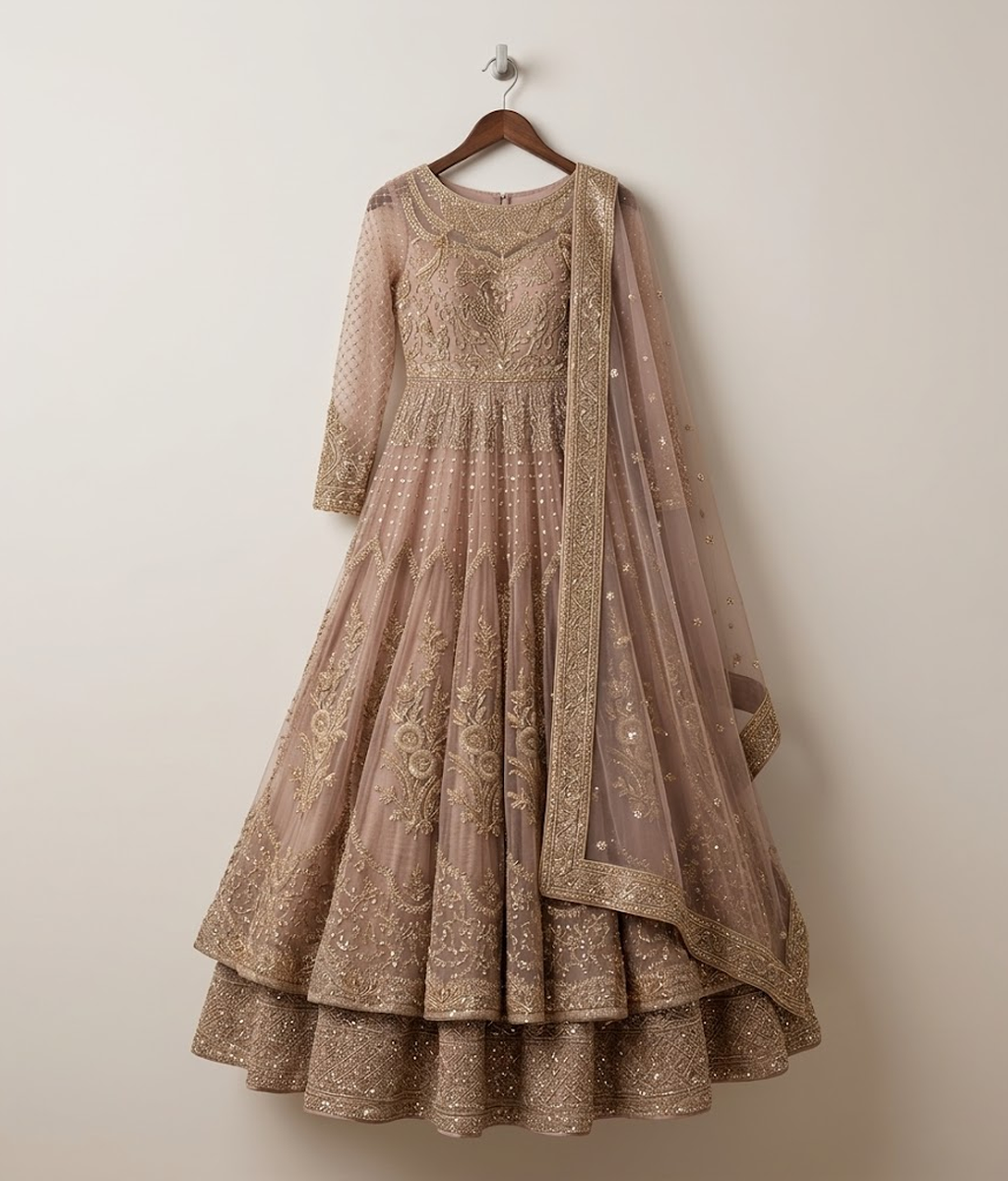 Rose Resham Worked Layered Pishwas