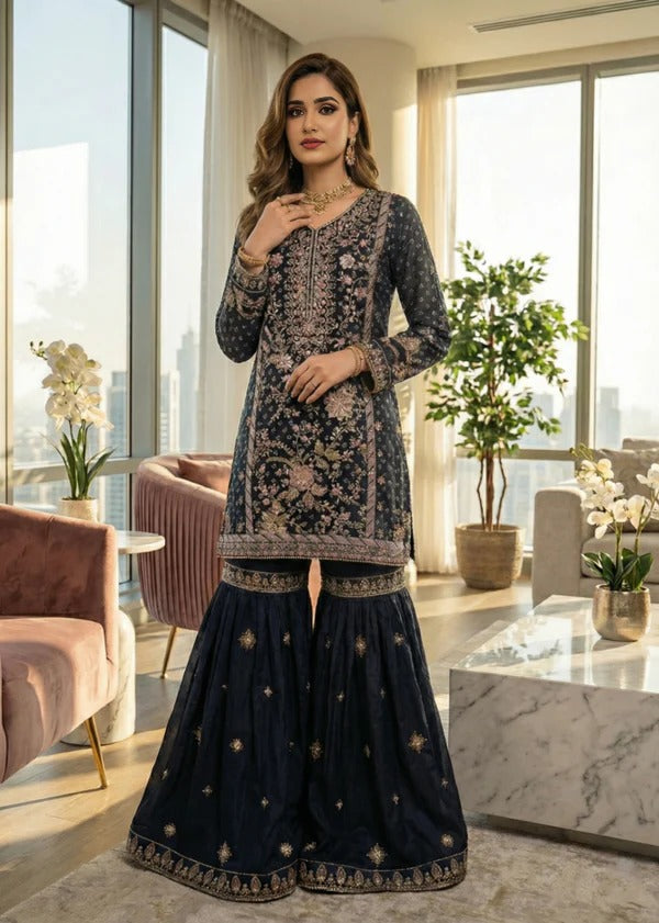 Royal Grape Hand-Embroidered Velvet-Trim Gharara